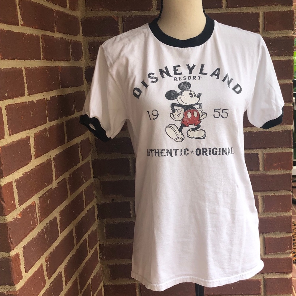 Women's White Ringer T-Shirt with Mickey Graphic